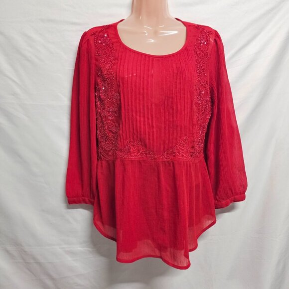 Maeve Anthropologie Embellished Top Blouse Women Size 12 Red Lined Chiffon - Picture 3 of 13